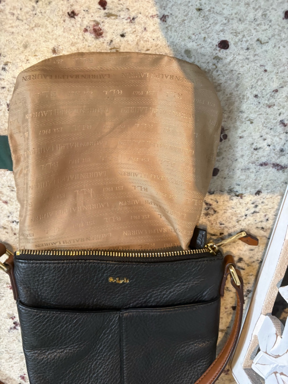 Ralph Lauren Black Pebbled Leather Crossbody with Brown Strap - Picture 6 of 16